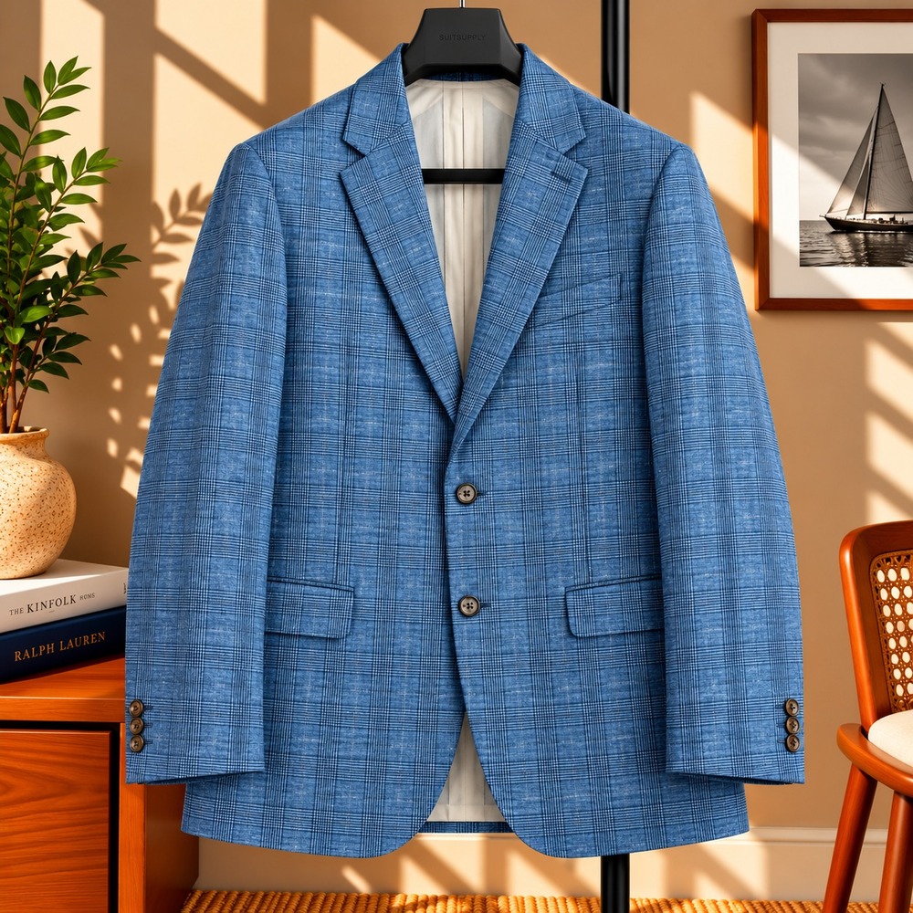 State & Liberty Blazer Mens 44 Blue Plaid Athletic Brushed Stretch Tech P03169